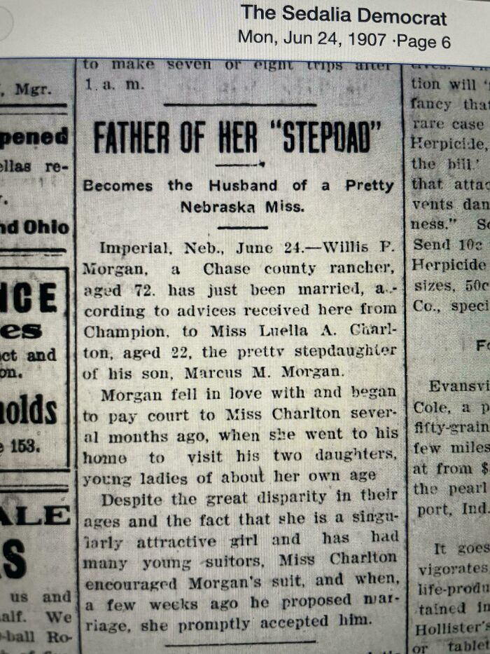 Vintage newspaper clipping from 1907 showing a bizarre throwback moment about a stepdad marriage in Nebraska.