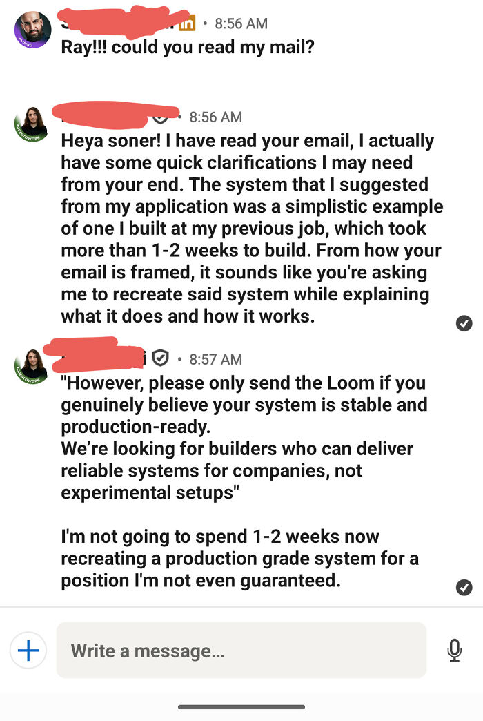 A chat conversation on a phone screen showing a recruiter's response to an email, related to job applications.