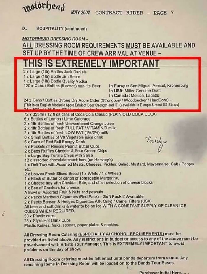 Motorhead contract rider from 2002 listing extensive beverage and catering requirements, a bizarre throwback moment.