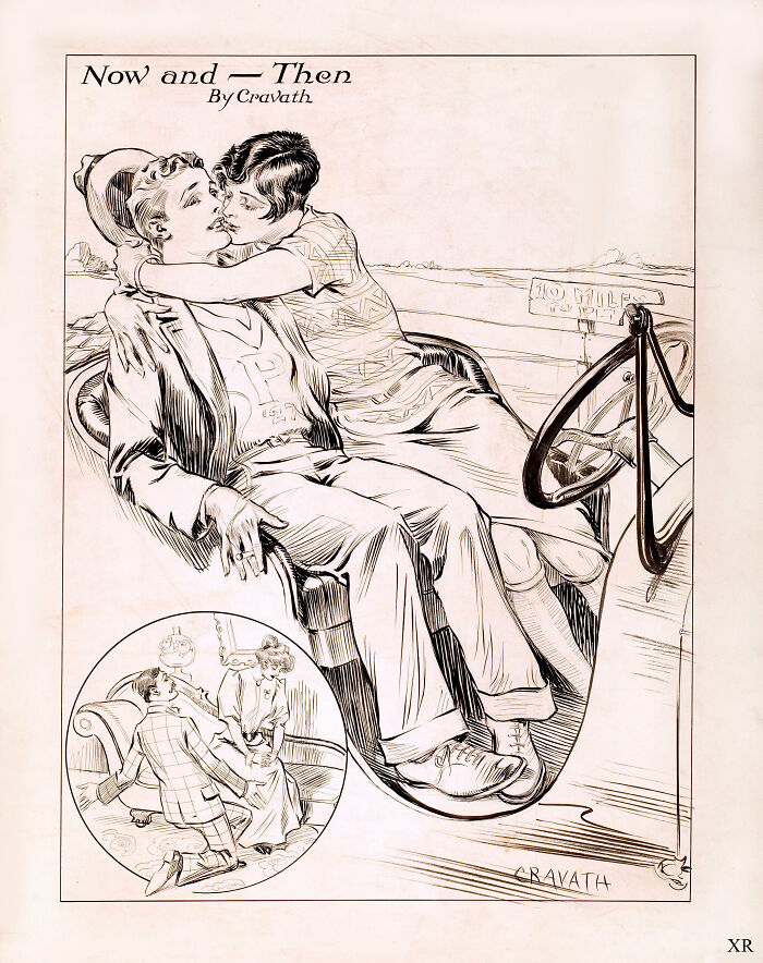 Vintage illustration of a couple in a car showing bizarre throwback moments that could never happen in 2026