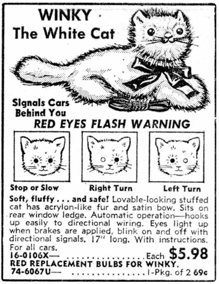 Vintage ad for Winky the White Cat car signal device with flashing red eyes indicating turns and stops.