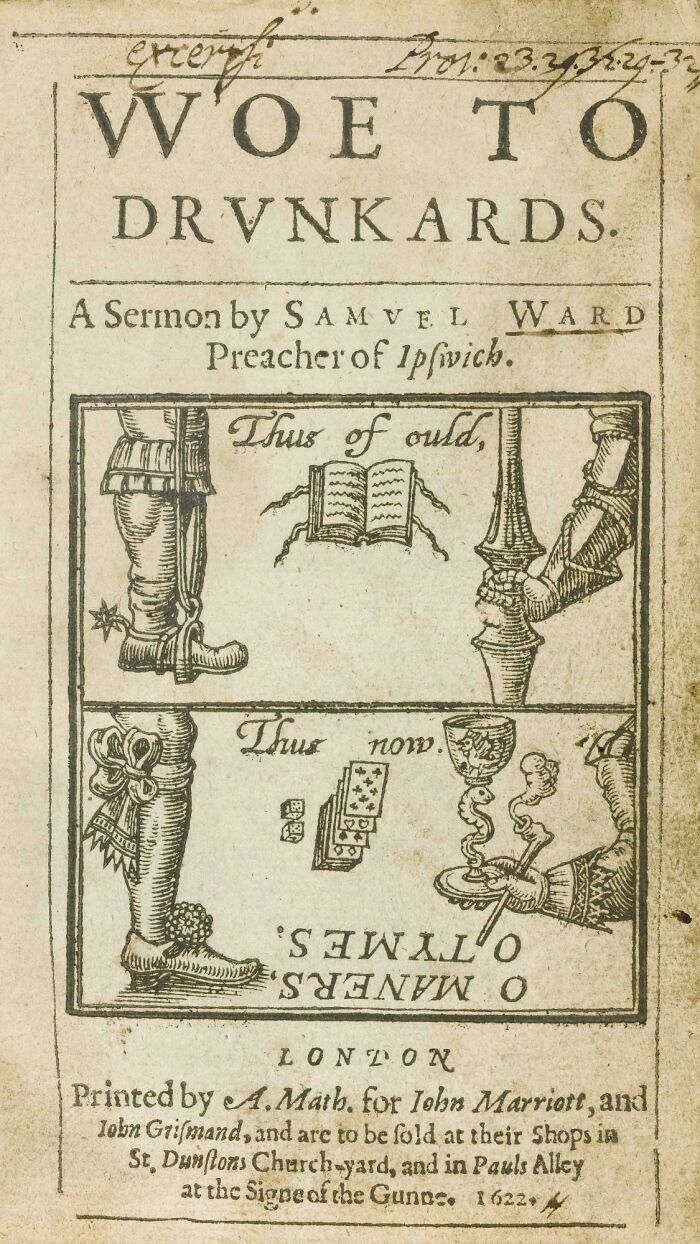 17th-century sermon pamphlet titled Woe to Drunkards with woodcut illustrations of old and new drinking manners.