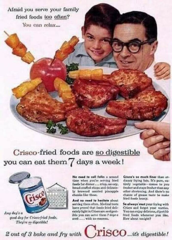 Vintage Crisco fried food advertisement featuring a father and son promoting digestible fried meals from the past.