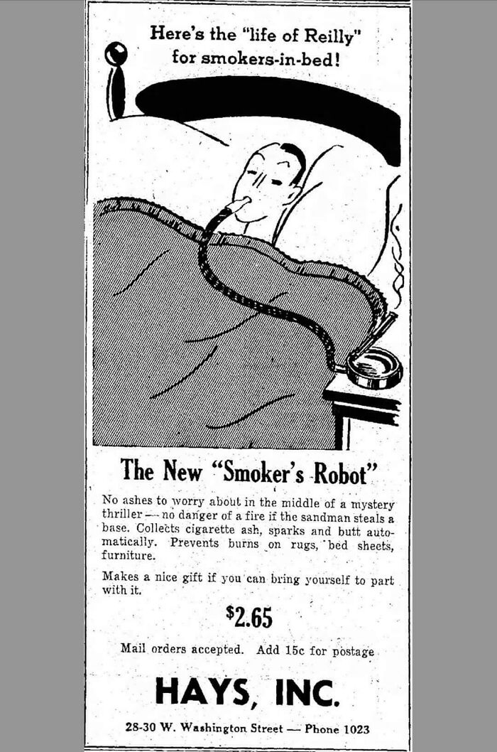 Vintage smoker's robot ad showing a bizarre throwback invention for smokers in bed from unusual past moments.