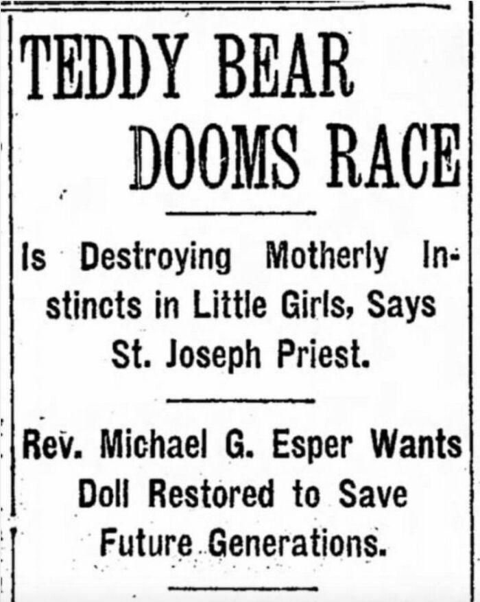 Vintage newspaper clipping about teddy bear dooms race and its bizarre impact on little girls from throwback moments.