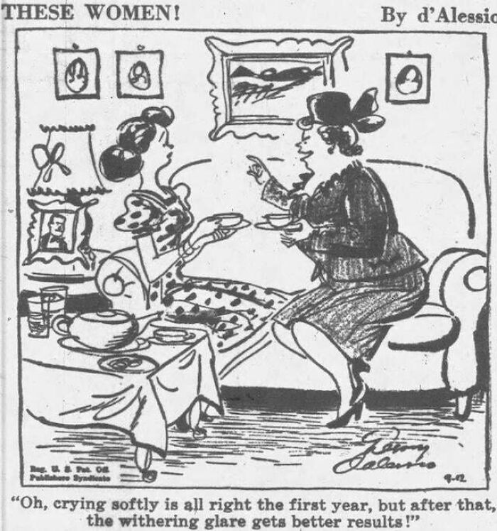 Vintage cartoon showing two women having tea, illustrating bizarre throwback moments that could never happen in 2026.