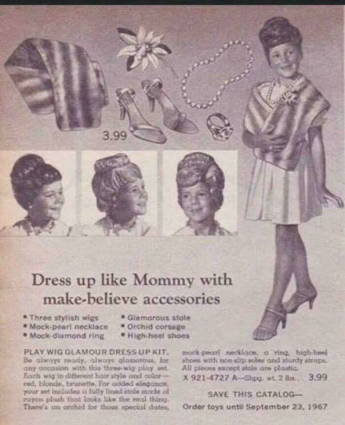 Vintage 1960s dress-up kit with wigs, high-heel shoes, and accessories illustrating bizarre throwback moments.
