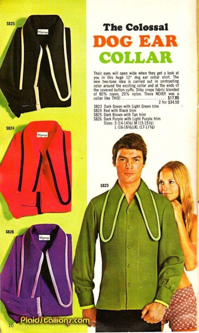 Retro fashion ad showing bizarre dog ear collar shirts in bright colors, highlighting throwback moments from past decades.
