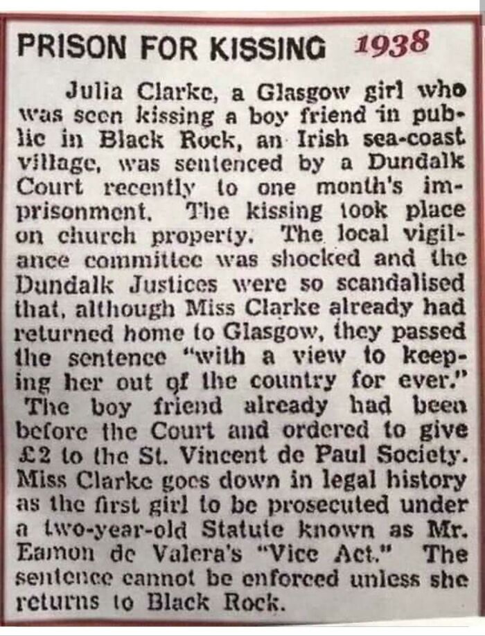 Newspaper clipping about a bizarre throwback moment where a girl was imprisoned for kissing in 1938.