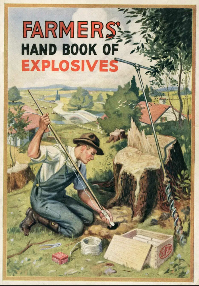 Vintage farmer using explosives to blow up a tree stump, illustrating bizarre throwback moments from the past.