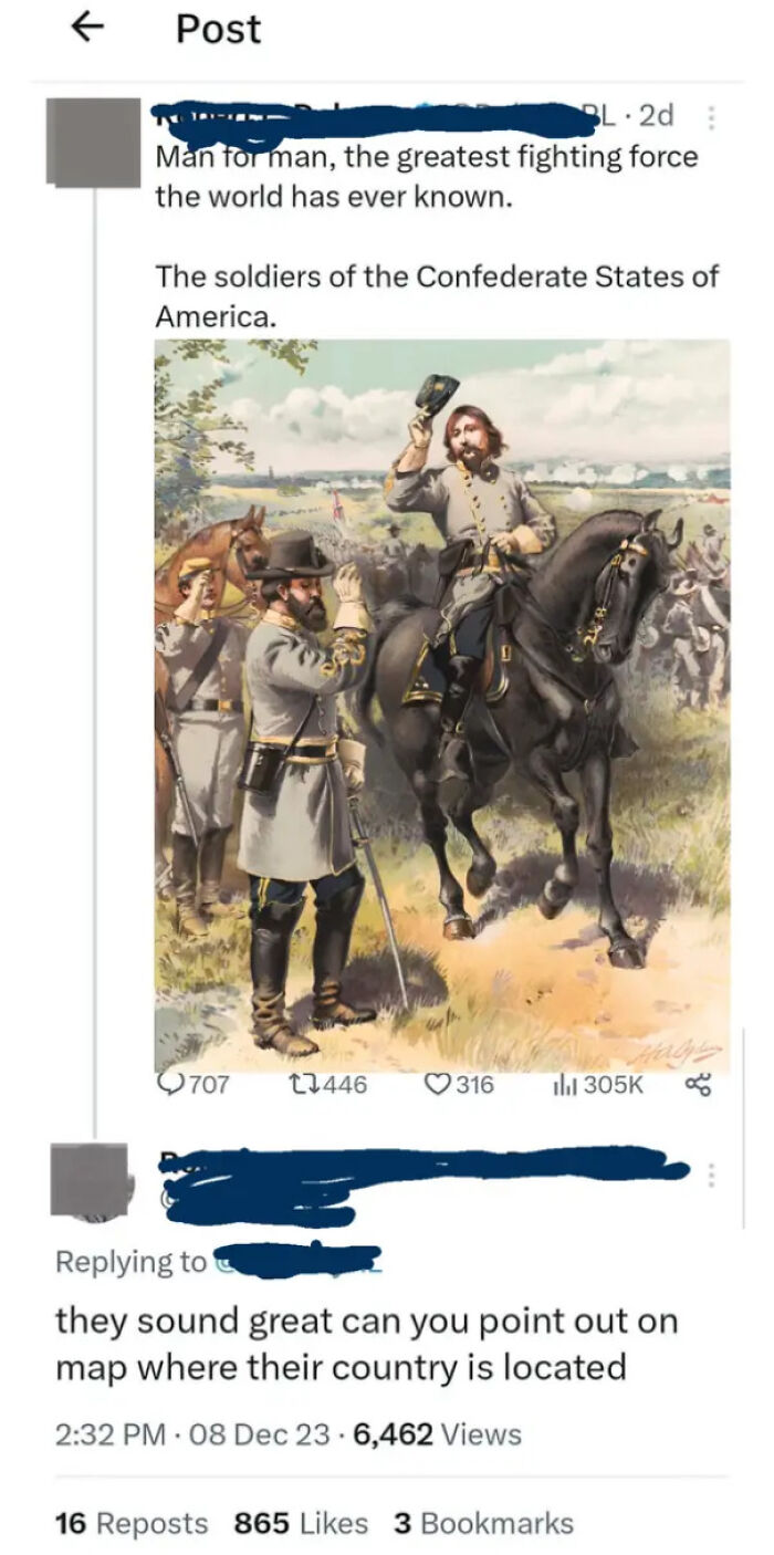 A social media post with a Confederate army painting, showing Americans confidently posting dumb things.