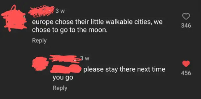 Comment debate about walkable cities showing how Americans confidently posted funny takes.