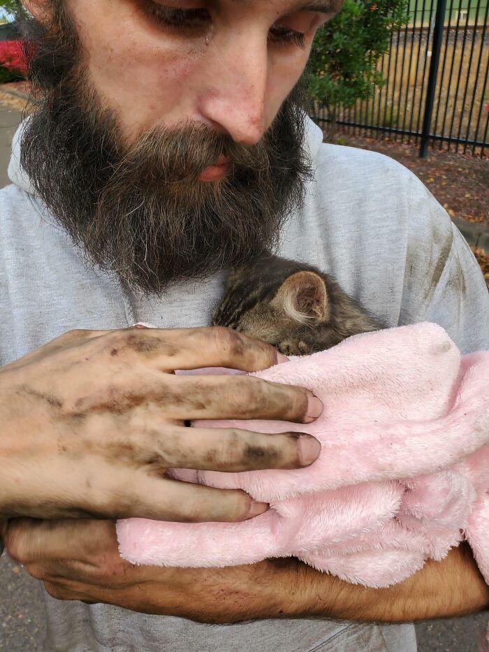 Man with dirty hands gently holding a kitten wrapped in a pink blanket, showing animals saved from awful conditions.