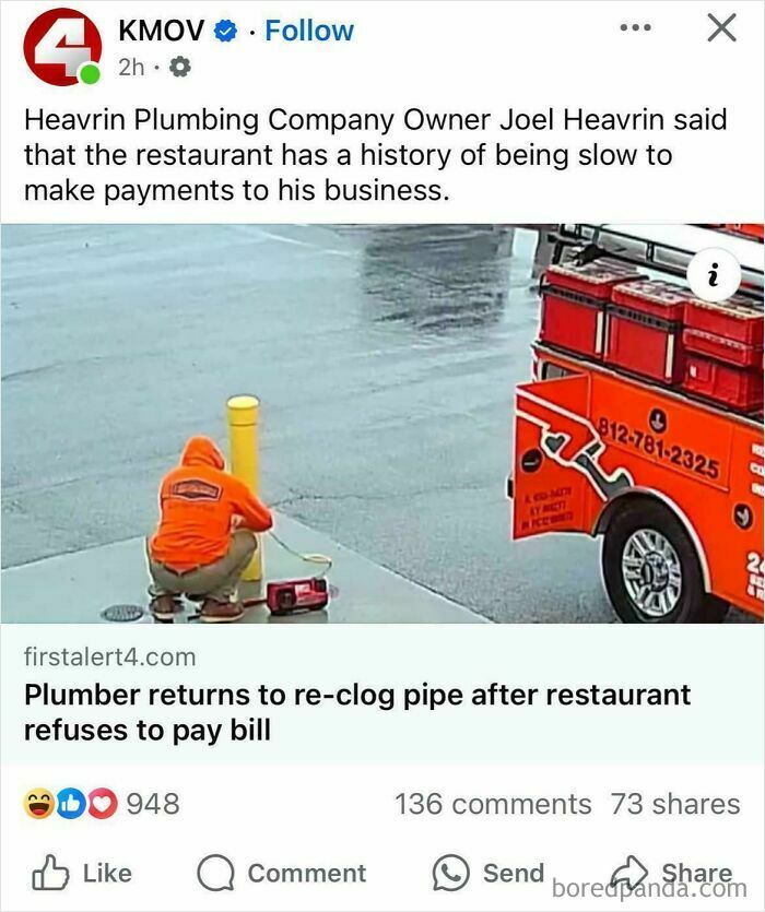 Plumber in orange hoodie working on pipe outside wet pavement near red service truck, illustrating funny regret moments and bad decisions.