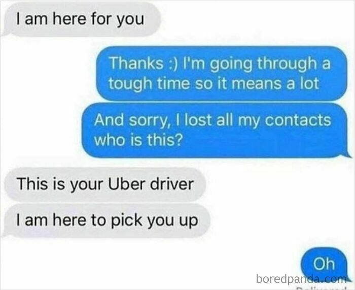 Text message exchange showing funny regret moments with an Uber driver, highlighting bad decisions and misunderstandings.