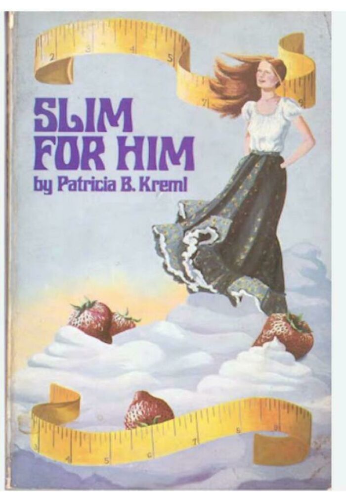 Book cover with a woman standing on whipped cream and strawberries, surrounded by measuring tapes in an awkward design.