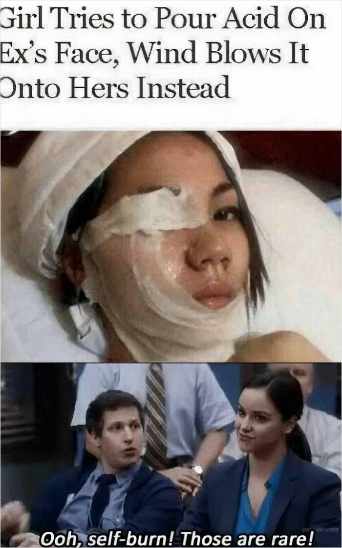 Woman with face bandages after acid incident and two people reacting with a comment about funny regret moments and bad decisions.