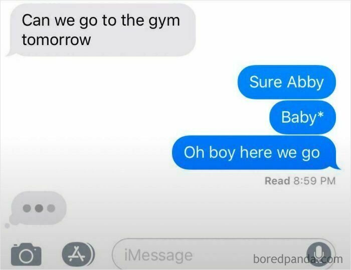Text message exchange showing a funny regret moment with an autocorrect fail about going to the gym tomorrow.