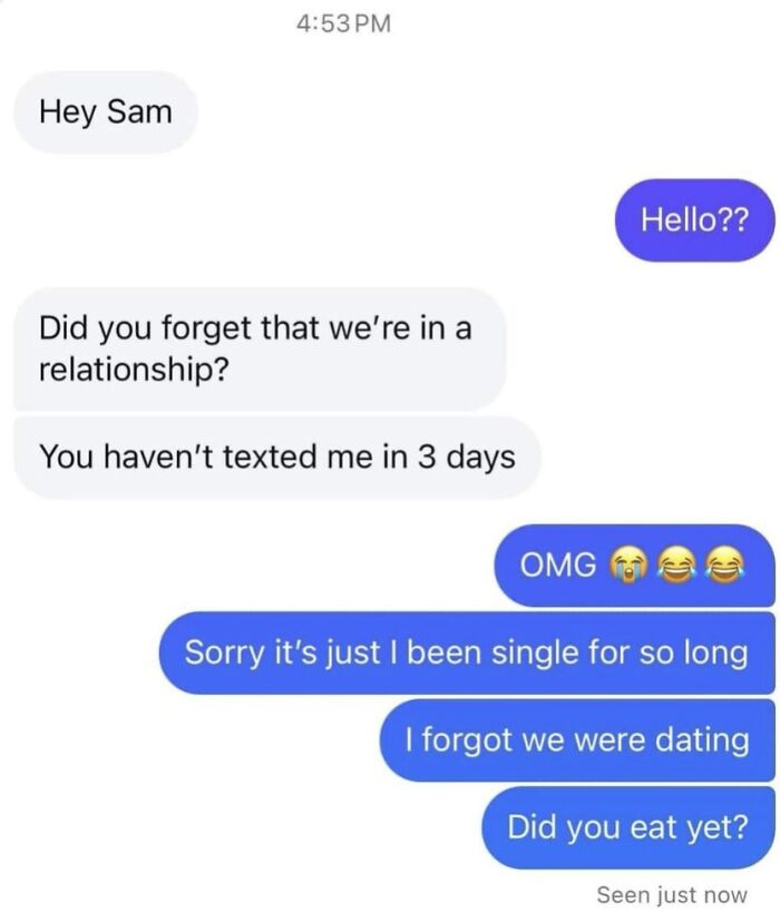 Text message conversation showing memes about relationships and dating that hit a little too close to home.