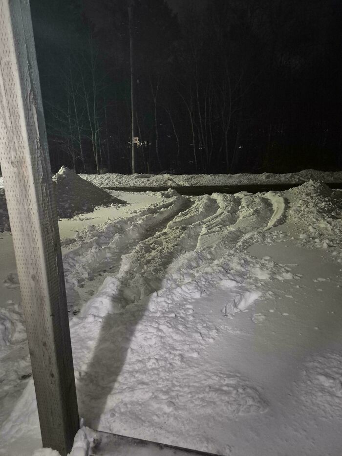 Snow-covered driveway with tire tracks at night, illustrating neighbors that make you move to the middle of nowhere.