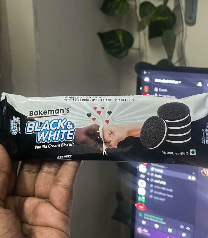 Bakeman’s Black & White vanilla cream biscuit packaging mimics famous Oreo brand design with a similar black and white theme.