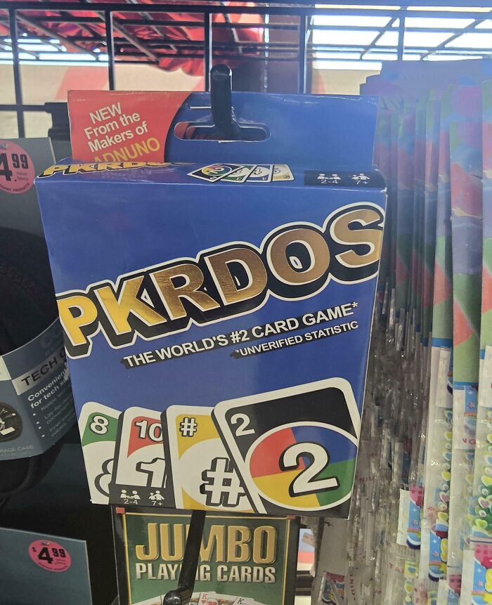 PKRDOS card game packaging mimicking famous brands, showcasing hilariously shameless designer copycat attempts.