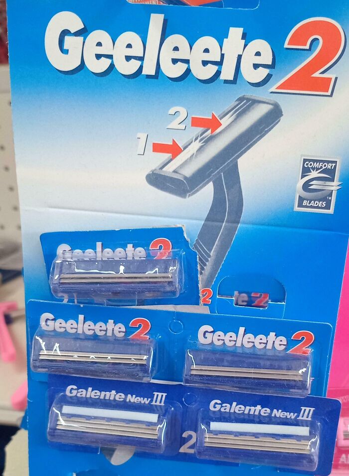 Geeleete 2 razor packaging mimicking famous brand with multiple replacement blades displayed in blister pack.