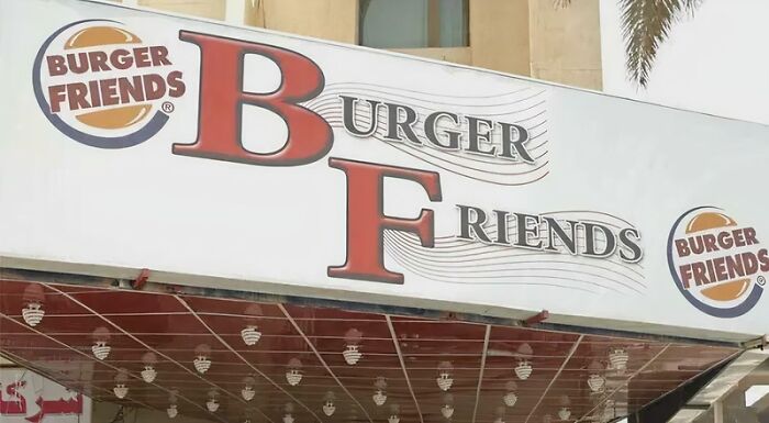 Burger Friends fast food logo and sign mimicking a famous brand with a similar design and color scheme.