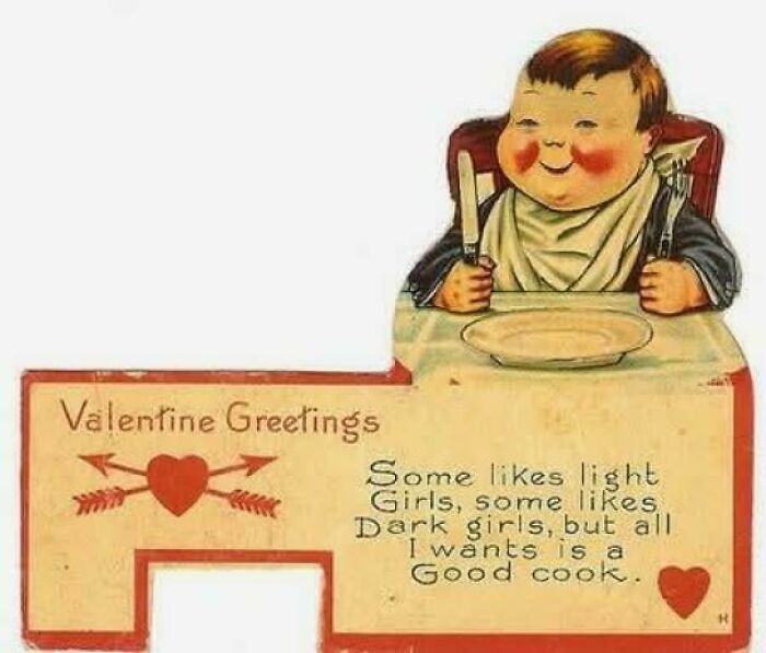 Vintage Valentine card with a boy holding fork and knife, illustrating bizarre throwback moments from the past.
