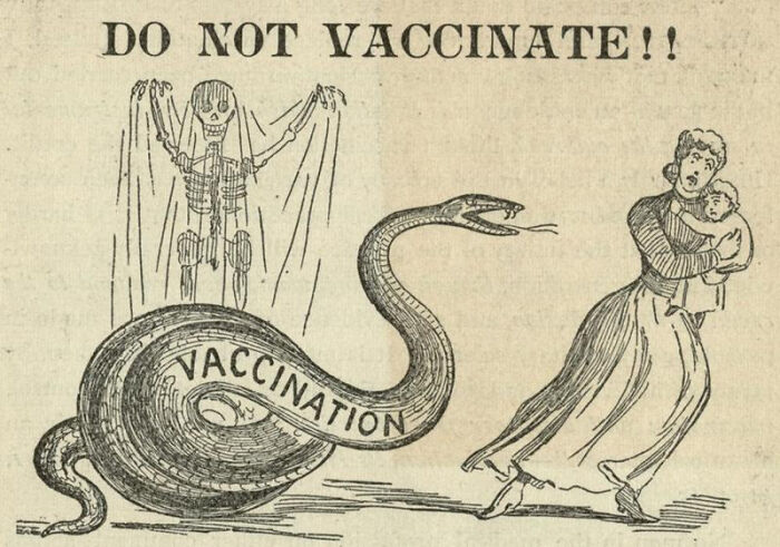 Vintage anti-vaccination cartoon showing a woman fleeing from a snake labeled vaccination and a skeleton warning danger.
