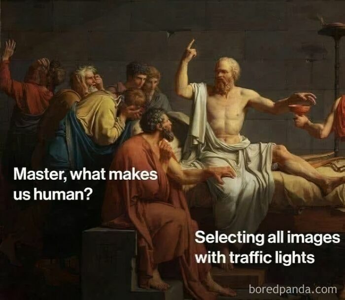 Classical art meme with philosophers humorously discussing what makes humans, referencing image captcha with traffic lights.