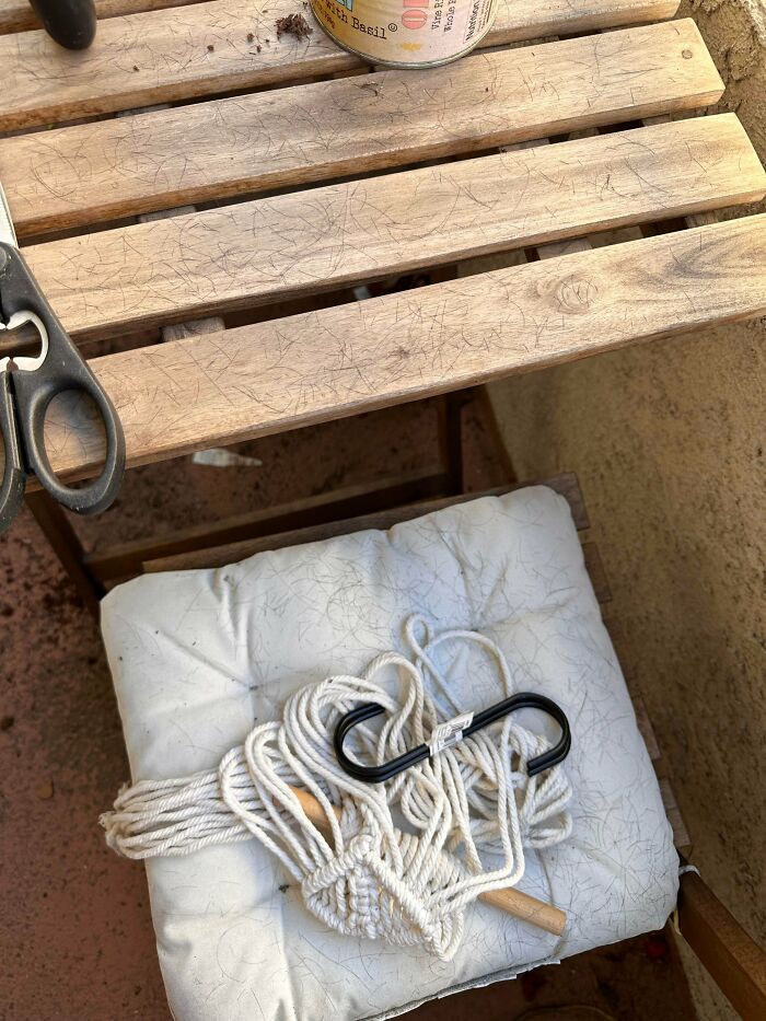 Wooden outdoor bench and cushion with tangled white rope and black hook, showing signs of scratch marks from neighbors.