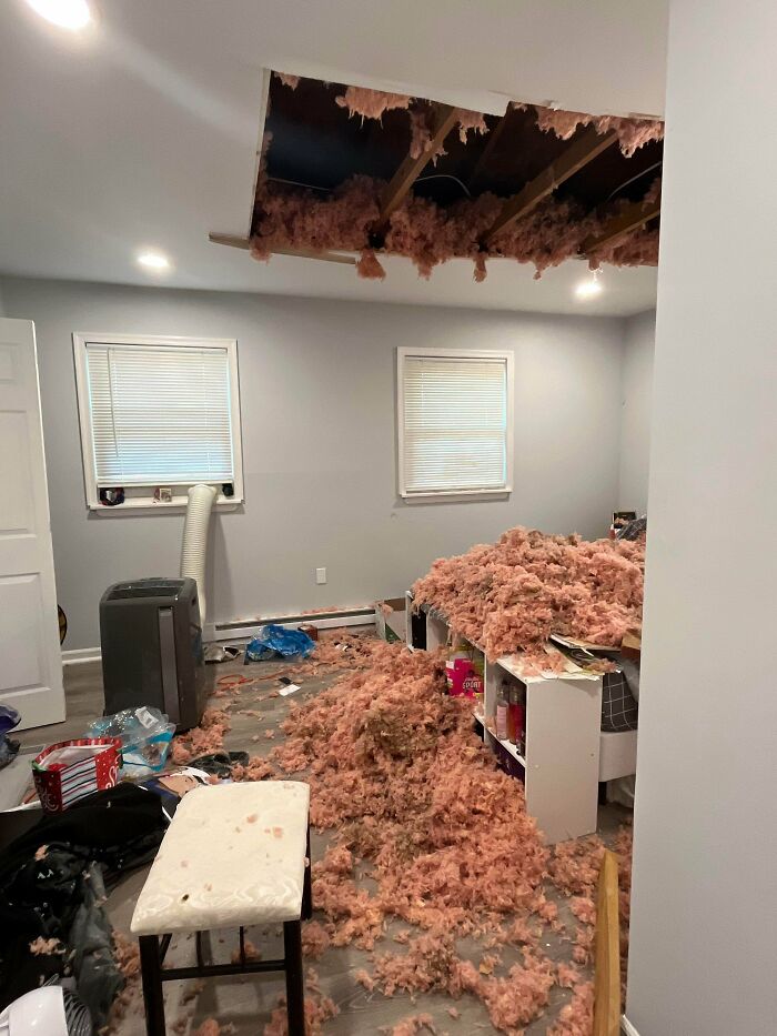 Room filled with insulation spilled from broken ceiling, showing one of the times people bought homes and regretted it immediately.