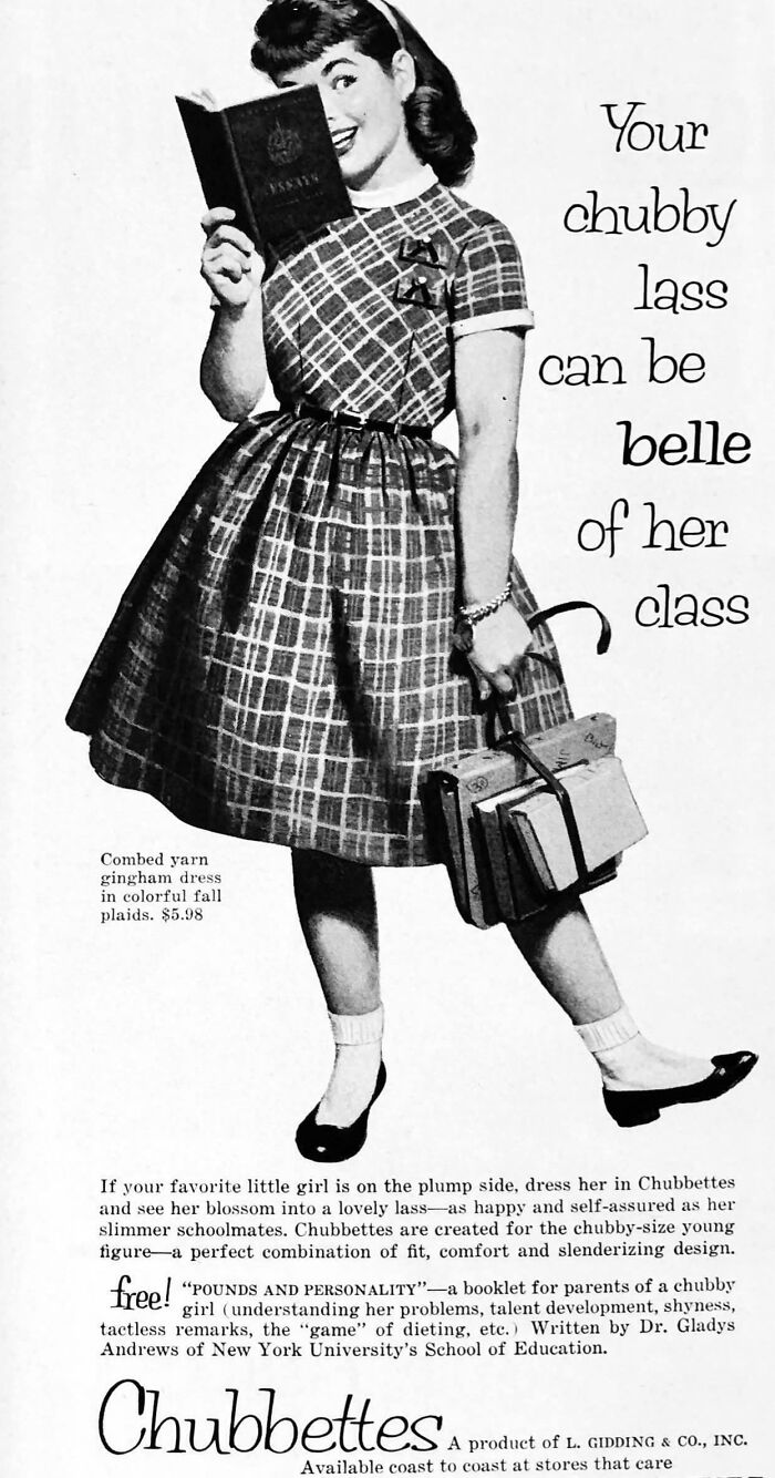 Retro ad showing a girl in a plaid dress holding books, illustrating bizarre throwback moments from the past.