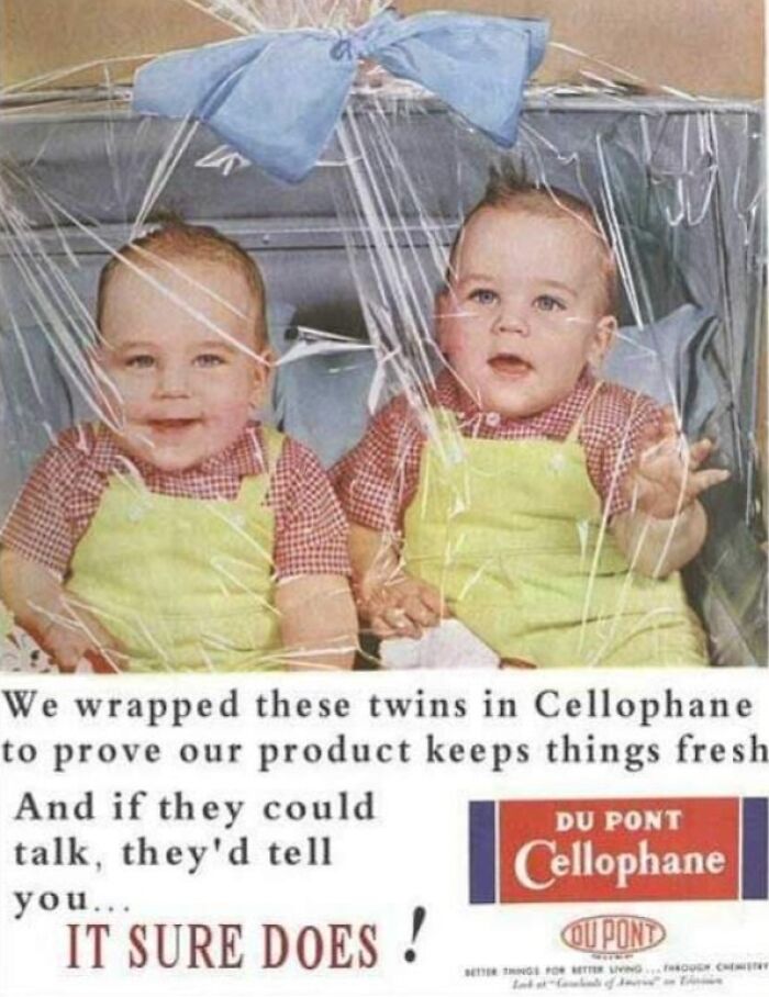 Two babies wrapped in cellophane for a bizarre throwback moment that could never happen in 2026.