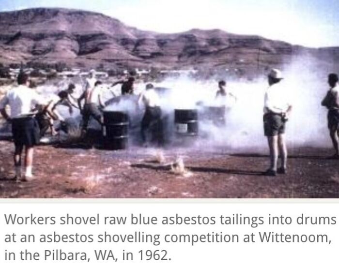 Workers shoveling raw asbestos tailings in a bizarre throwback moment unlikely to happen again by 2026.