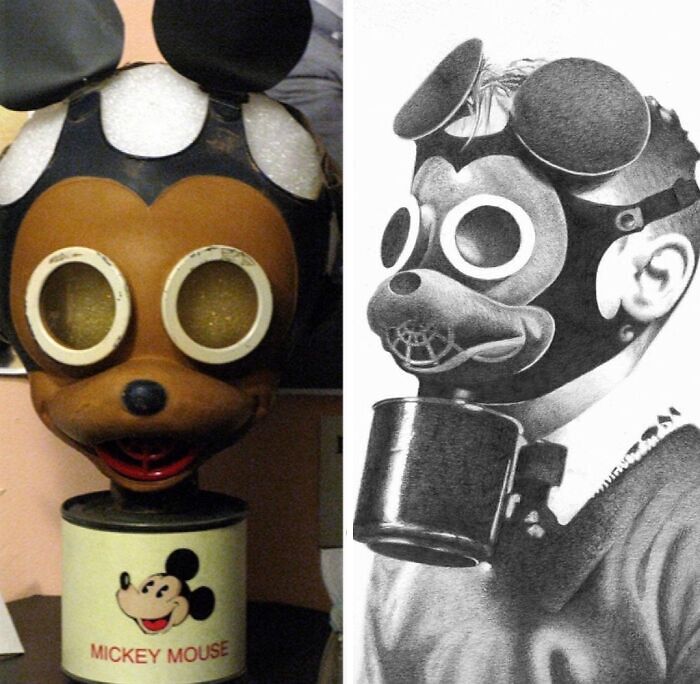 Vintage Mickey Mouse gas mask with large round eye lenses and a filter canister, a bizarre throwback moment.