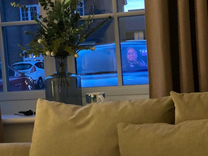 A person appears to be inside a parked car outside a living room window, creating a brain-messing optical illusion.