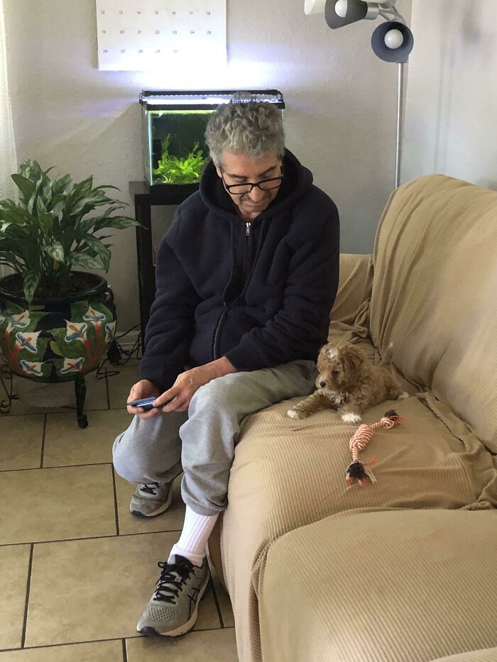 Man sitting on couch with small dog and pet toy, showing dads and pets they never wanted but now love.