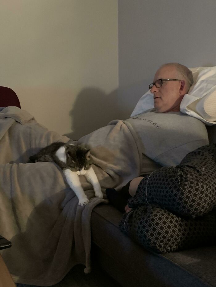 Man resting on couch with a cat lying on his blanket, showing dads and pets bonding moments they now love