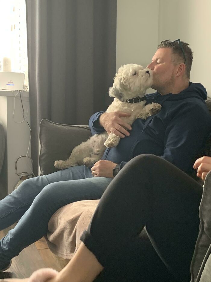 Man sitting on couch holding and kissing a small white dog, showcasing dads and the pets they never wanted but now love.