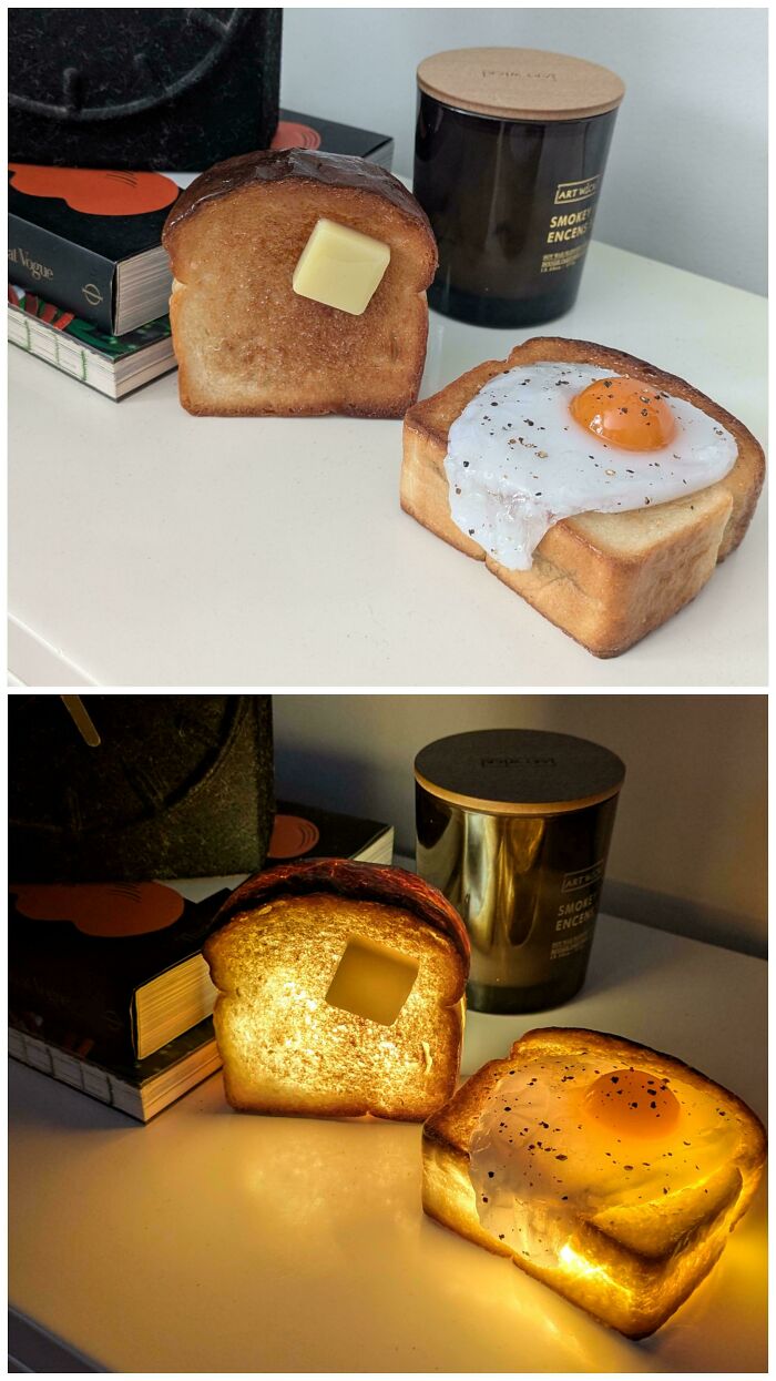 DIY bread lamp with a butter cube and fried egg design, shown in natural and glowing light, showcasing creative DIY wins.