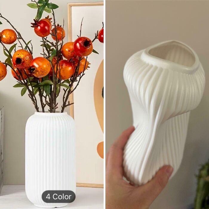 Comparison of a stylish white vase on display versus the distorted version received from cheap websites showing hilariously bad products.
