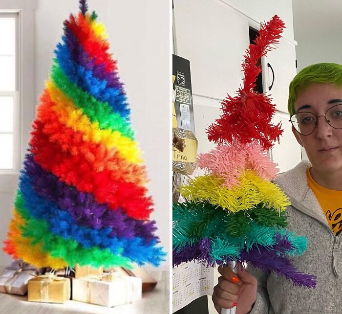 Rainbow-colored Christmas tree from cheap websites with a poorly made product shown next to the original image.
