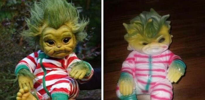 Comparison of two dolls ordered from cheap websites showing hilariously bad product quality and differences.