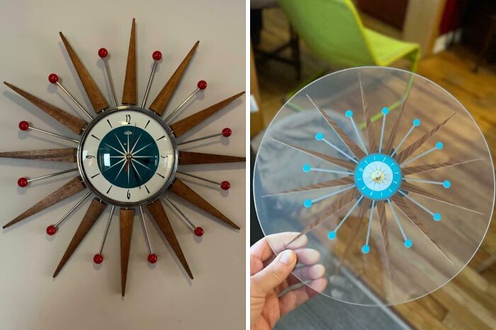 Mid-century modern wall clock next to a cheap website order of a faulty, broken clock with missing parts, showing product quality fail.