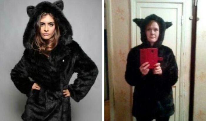 Comparison of a high-quality black bear hoodie and a poorly made version from cheap websites, highlighting hilarious product fails.