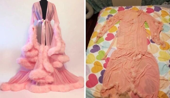 Comparison of a glamorous pink robe versus a hilariously bad cheap website product version with poor quality material.