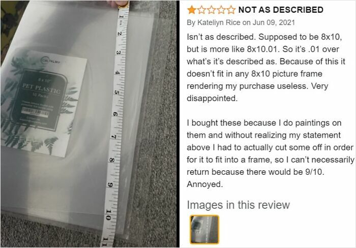 Plastic pet sleeves measured with tape, illustrating an entitled Karen's misleading product description complaint.