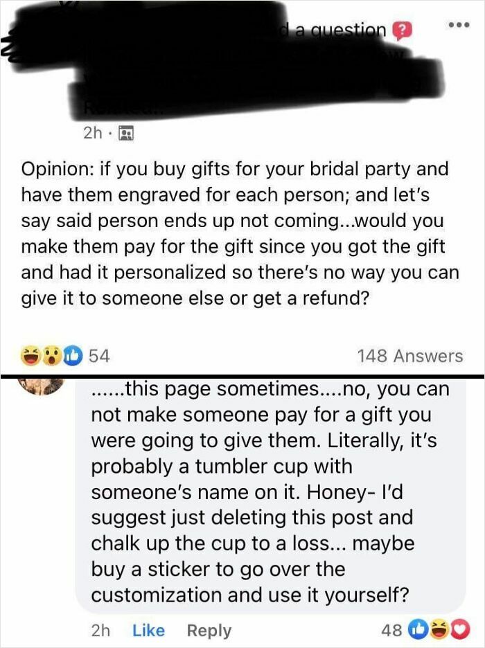 Social media exchange discussing entitled Karens and the ethics of personalized bridal party gifts and refunds.